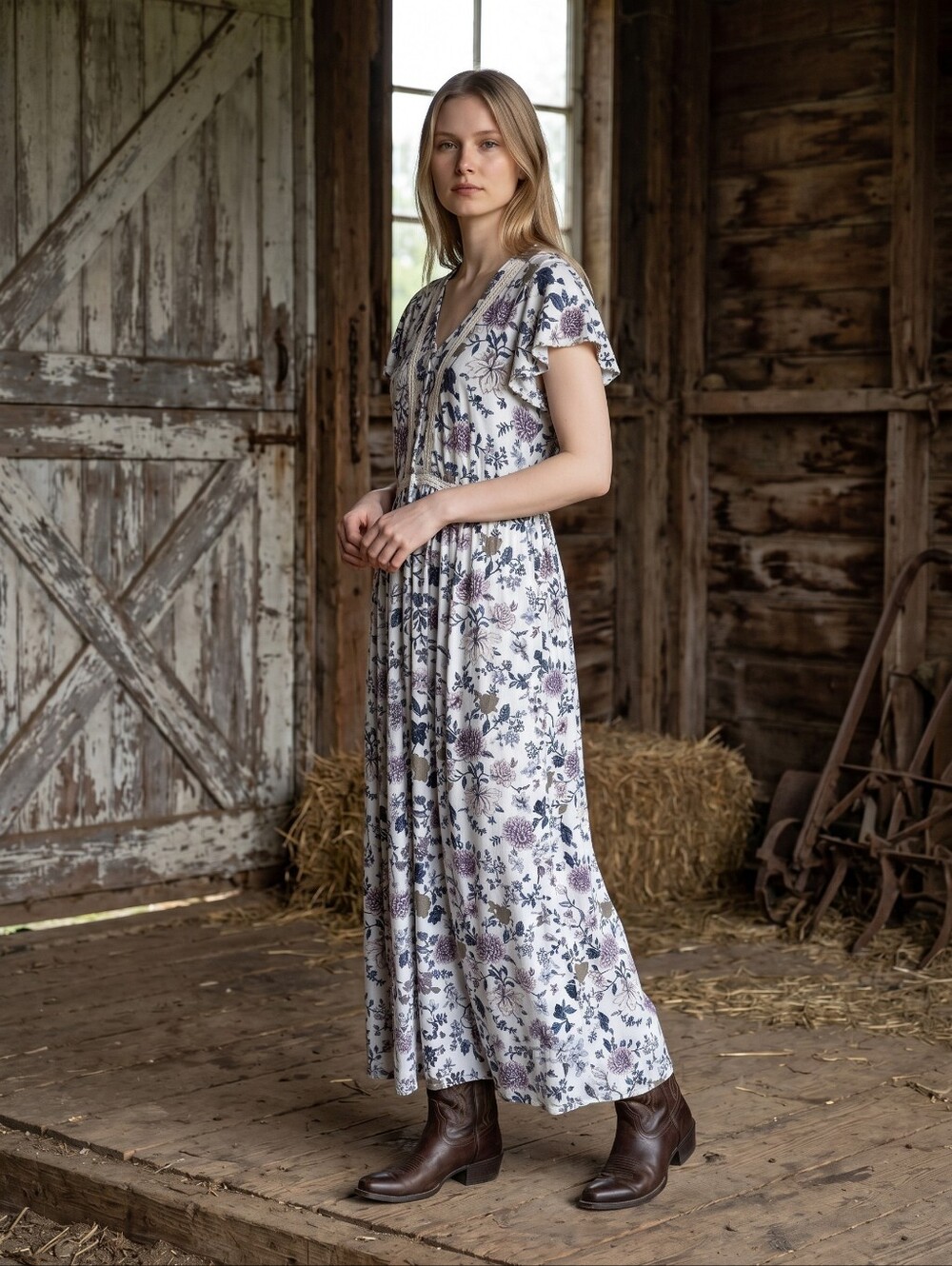 Kori White Maxi Dress with Lavender Floral Print